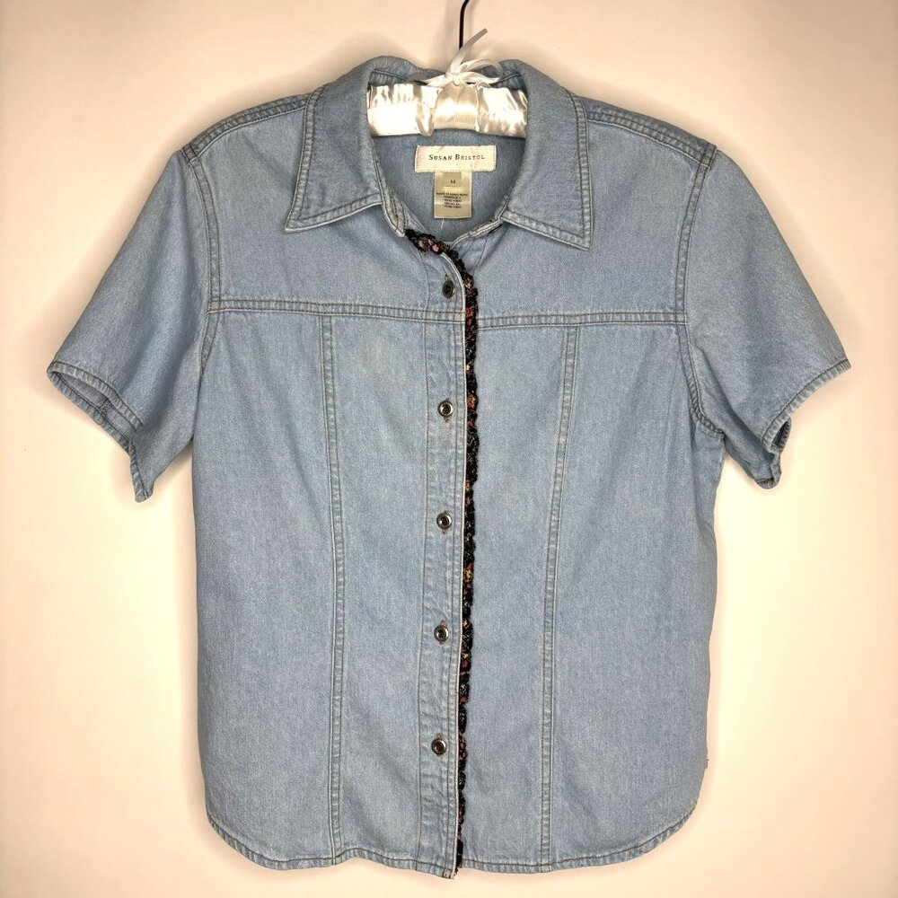 Susan Bristol Vintage Denim Shirt Women Med Floral Embellished Cotton Button